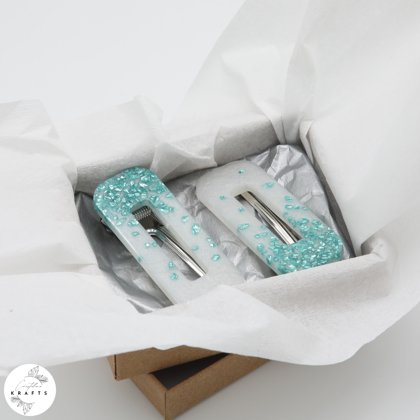 Hair Clip Pair - Pearly White Teal Glass