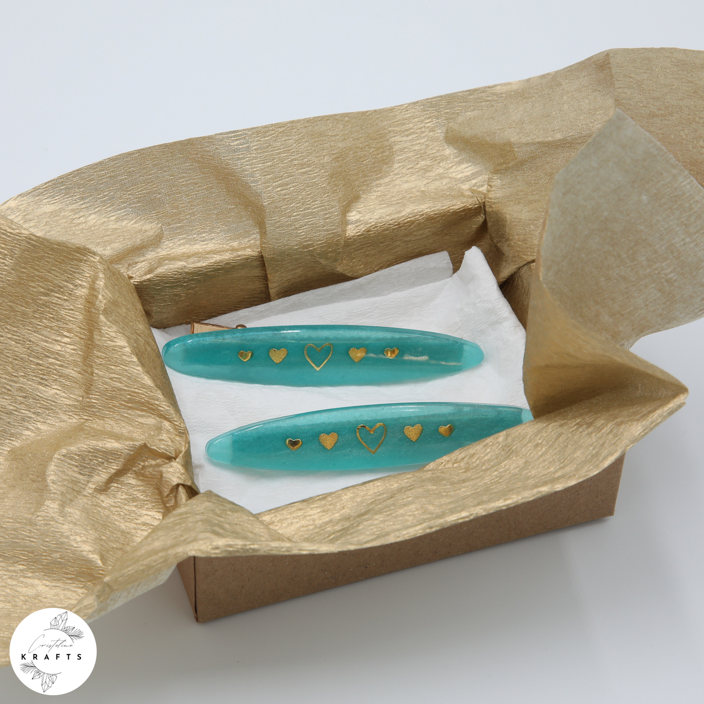 Hair Clip Pair - Shimmering Teal Heart Line