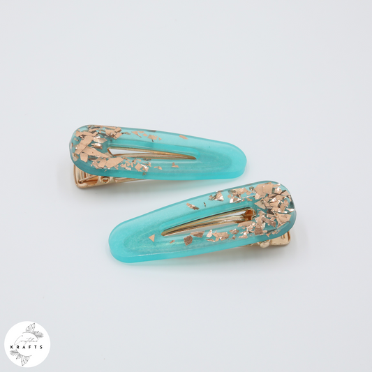 Hair Clip Pair - Shimmering Teal RoseGold Confetti