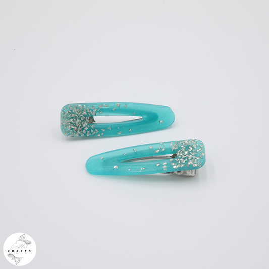Hair Clip Pair - Shimmering Teal Silver Glass