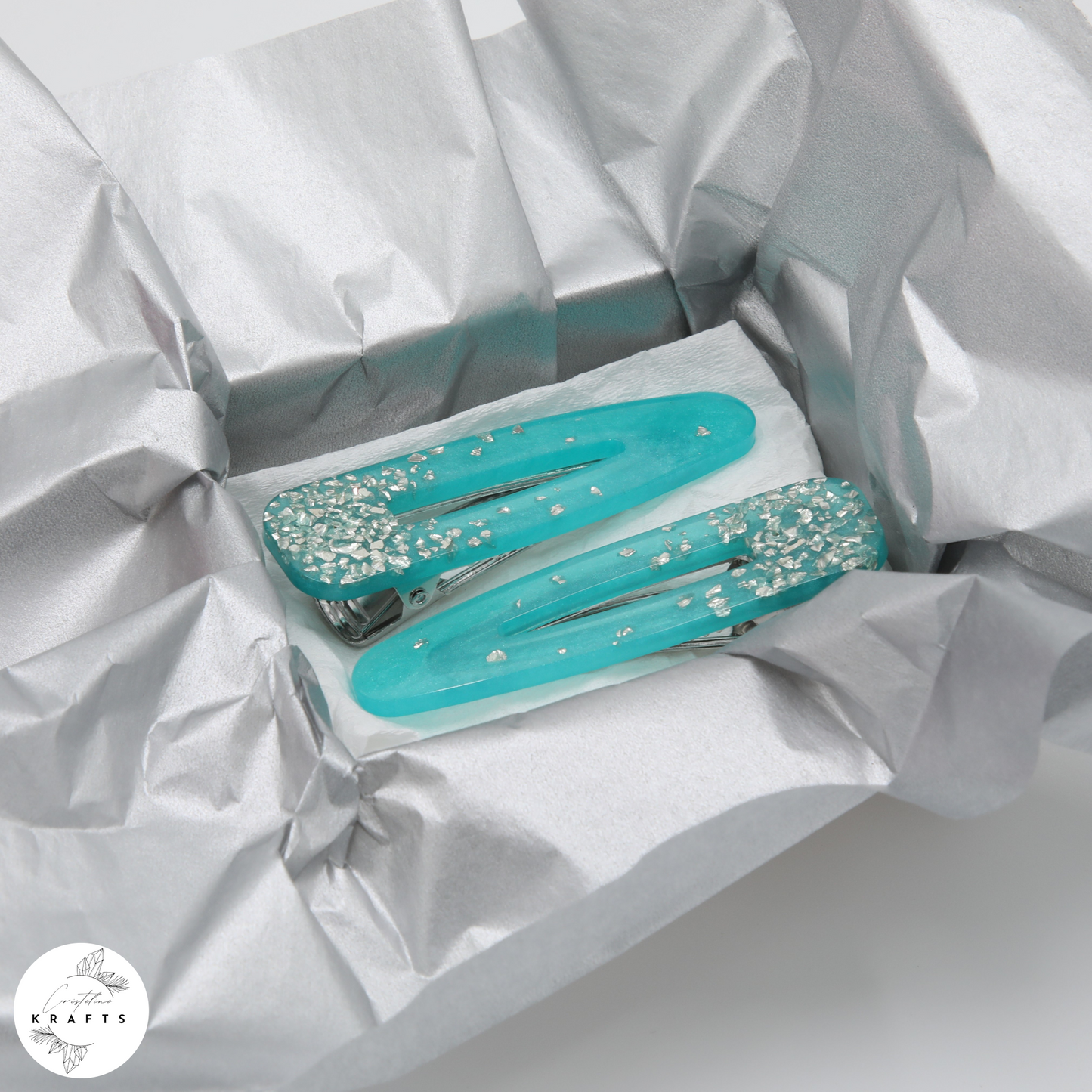 Hair Clip Pair - Shimmering Teal Silver Glass