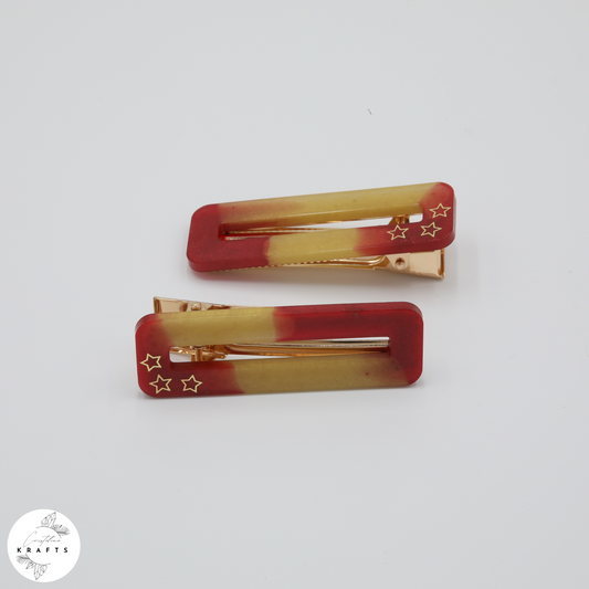 Hair Clip Pair - Red & Gold Three Star