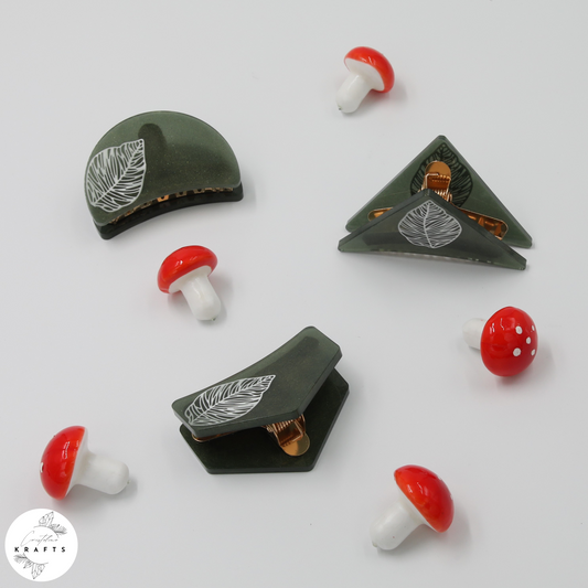 Hair Claw - Dark Green - White Leaf