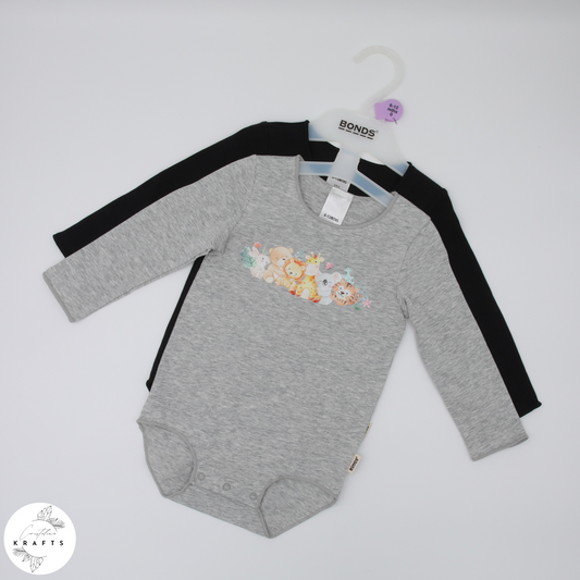 2pc Longsleeve Romper Set - Black & Grey - Animal Friends