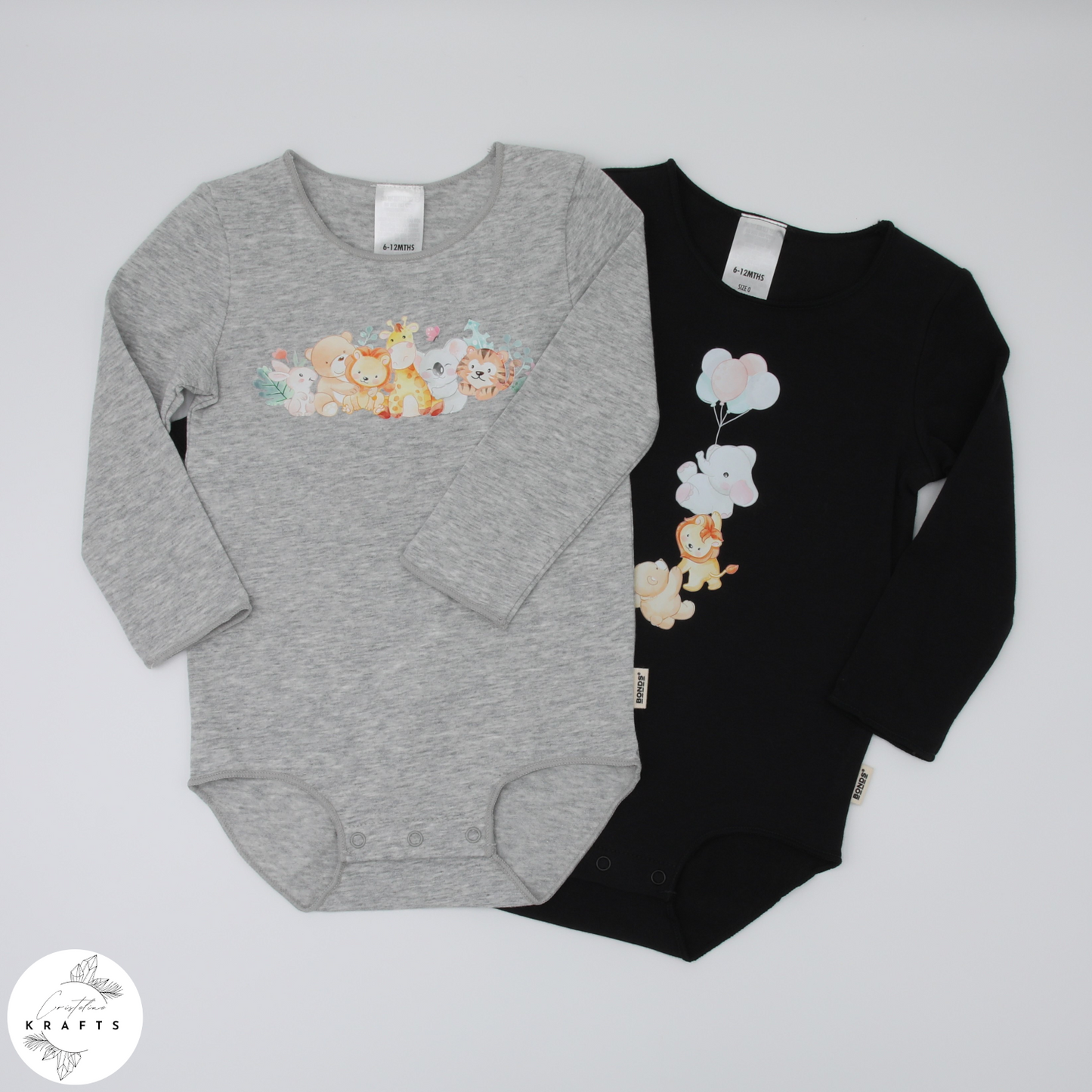 2pc Longsleeve Romper Set - Black & Grey - Animal Friends