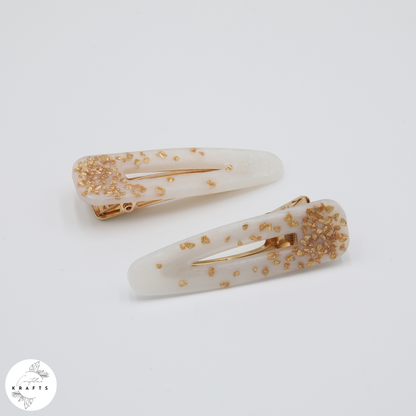 Hair Clip Pair - Pearly White Gold Glass