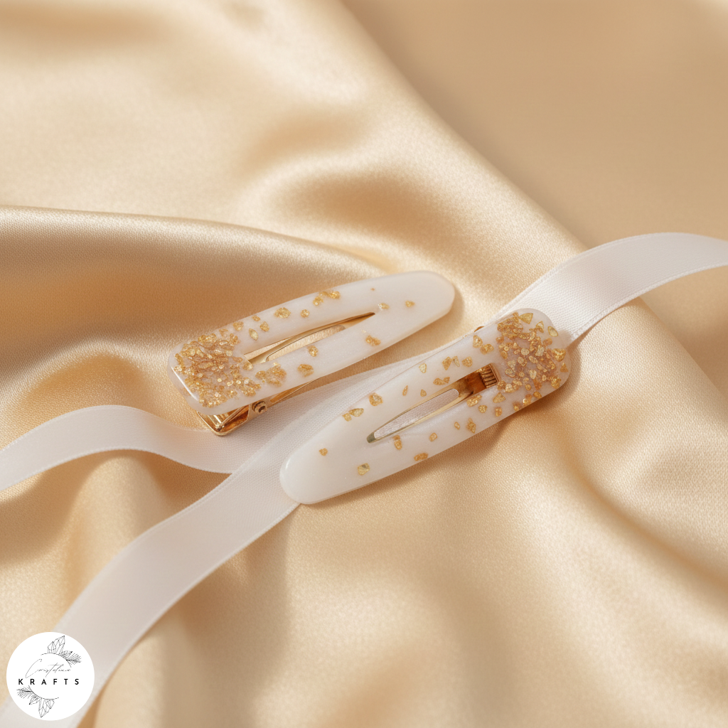 Hair Clip Pair - Pearly White Gold Glass