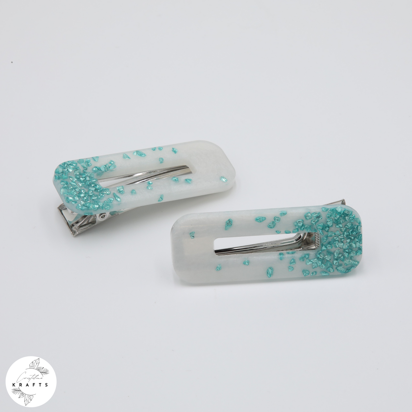 Hair Clip Pair - Pearly White Teal Glass