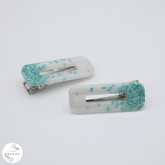 Hair Clip Pair - Pearly White Teal Glass