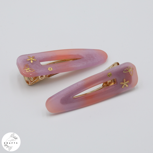 Hair Clip Pair - Pink&Purple Golden Garden