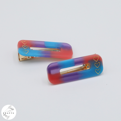 Hair Clip Pair - Pink&Purple&Blue Heart Stack