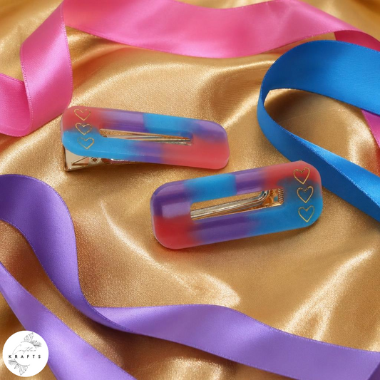 Hair Clip Pair - Pink&Purple&Blue Heart Stack