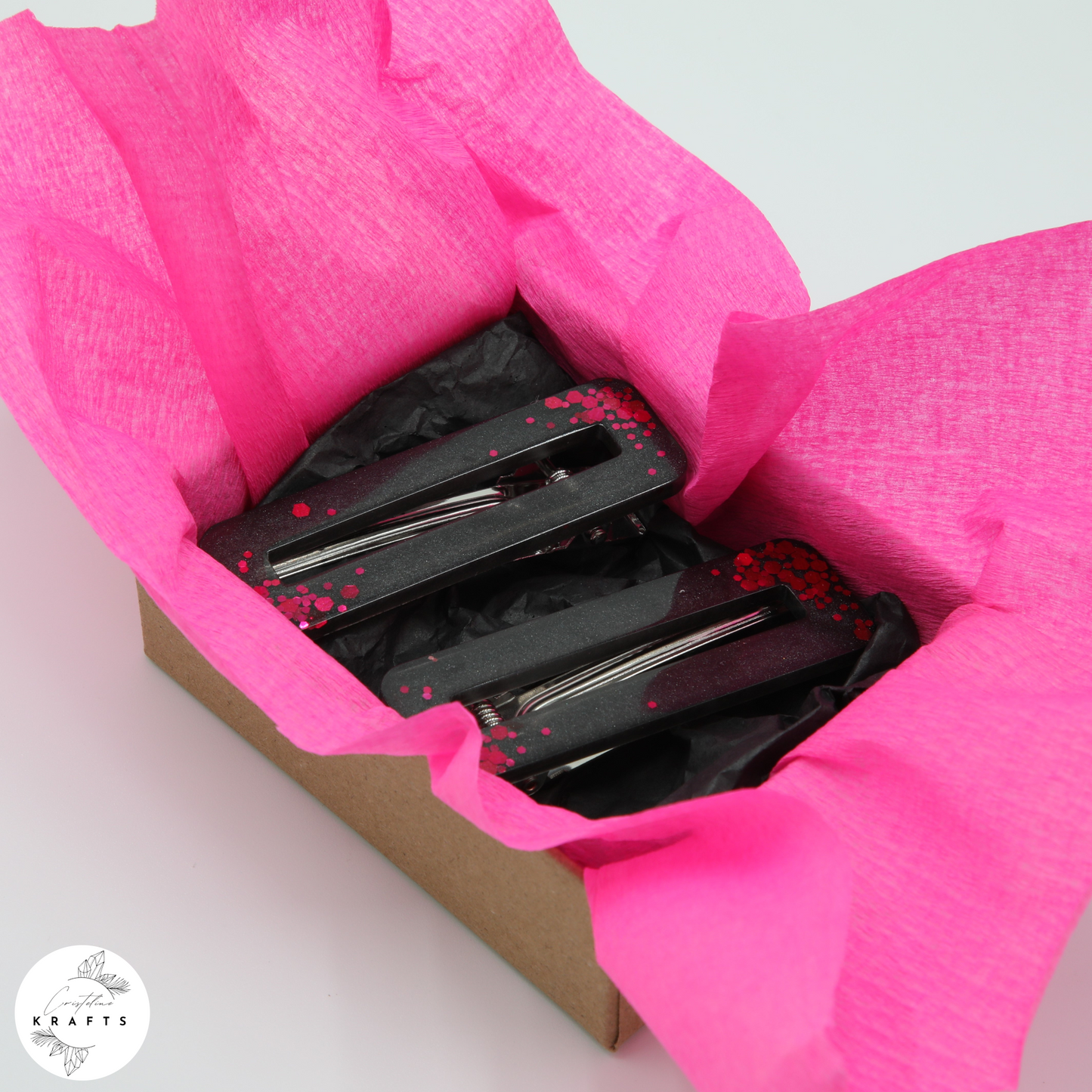 Hair Clip Pair - Confetti Pink on Black