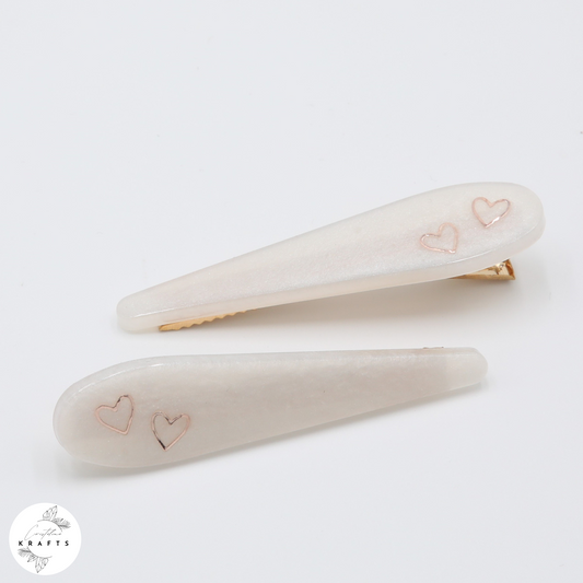 Hair Clip Pair - Pearly White Pair of Hearts