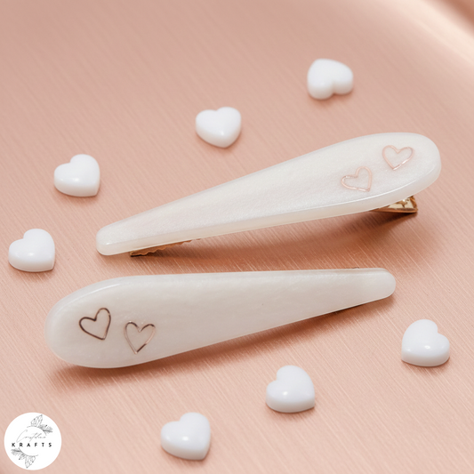 Hair Clip Pair - Pearly White Pair of Hearts