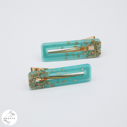 Hair Clip Pair - Shimmering Teal Gold Glass