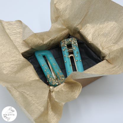 Hair Clip Pair - Shimmering Teal Gold Glass