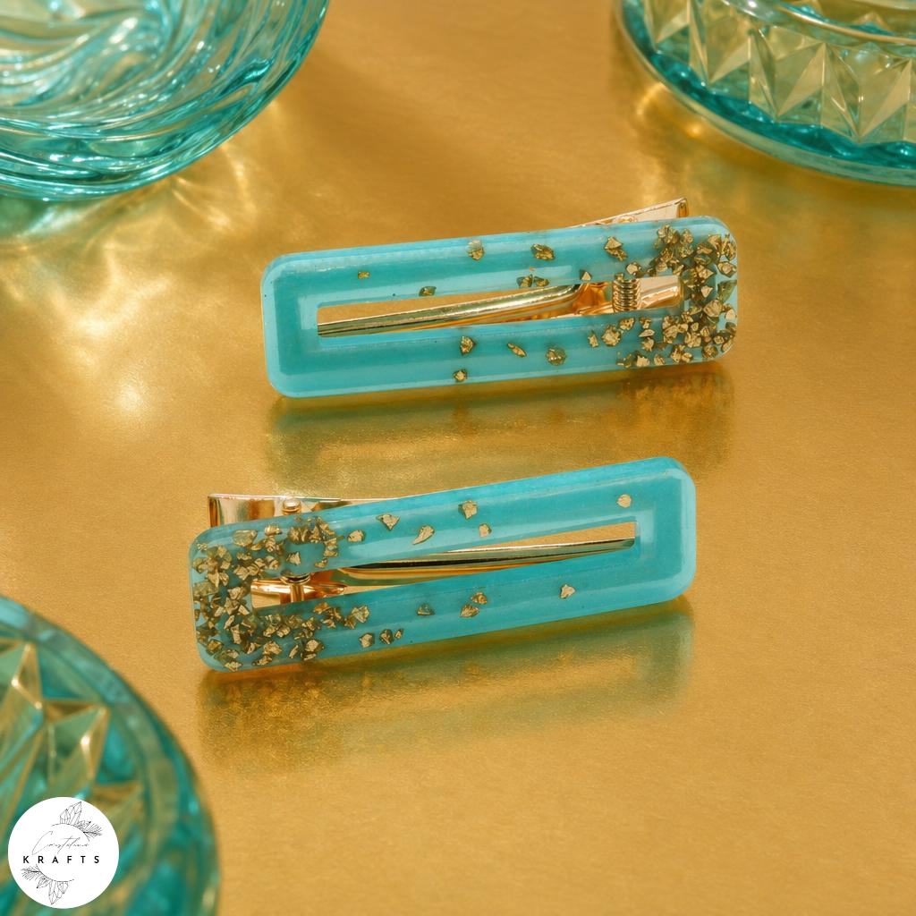 Hair Clip Pair - Shimmering Teal Gold Glass