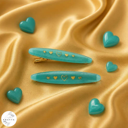 Hair Clip Pair - Shimmering Teal Heart Line