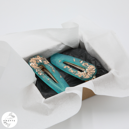 Hair Clip Pair - Shimmering Teal RoseGold Confetti