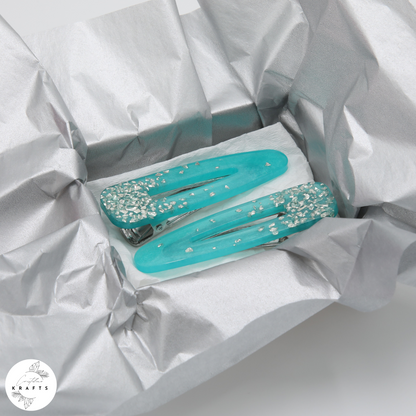 Hair Clip Pair - Shimmering Teal Silver Glass