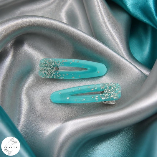 Hair Clip Pair - Shimmering Teal Silver Glass