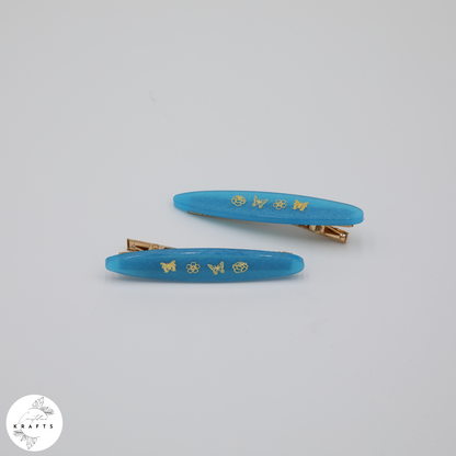 Hair Clip Pair - Cobalt Blue Morning Garden