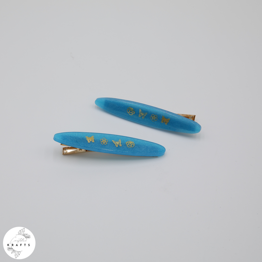 Hair Clip Pair - Cobalt Blue Morning Garden