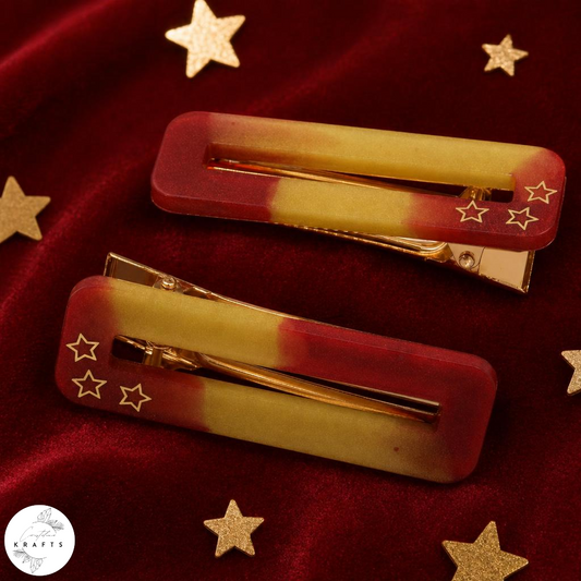 Hair Clip Pair - Red & Gold Three Star