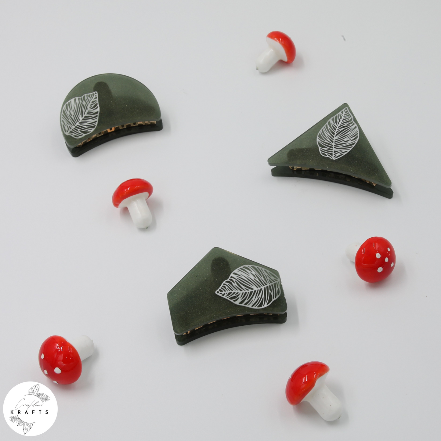 Hair Claw - Dark Green - White Leaf