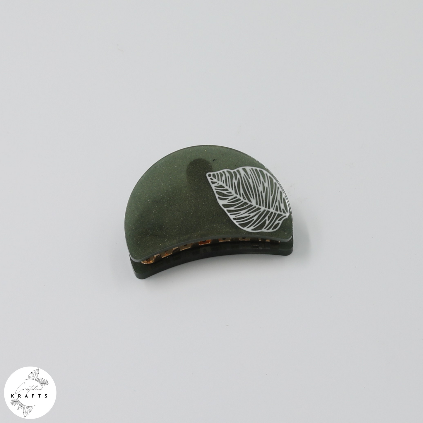 Hair Claw - Dark Green - White Leaf