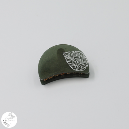 Hair Claw - Dark Green - White Leaf