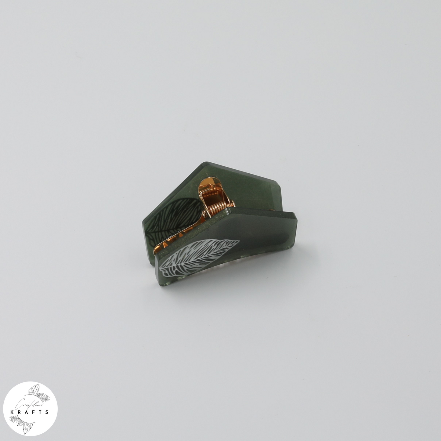 Hair Claw - Dark Green - White Leaf