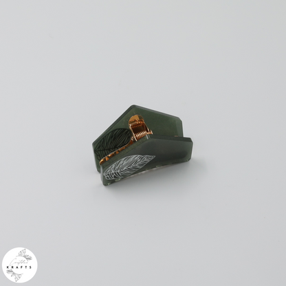 Hair Claw - Dark Green - White Leaf