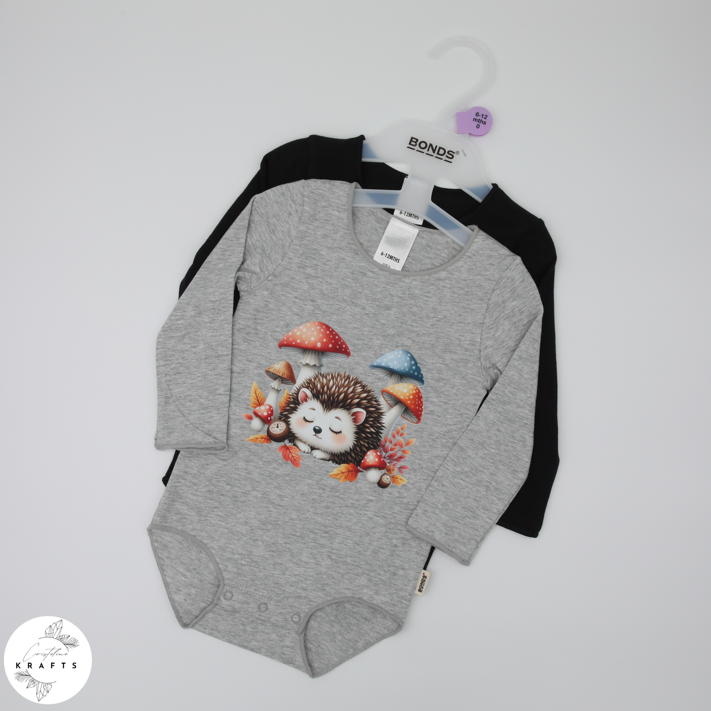2pc Longsleeve Romper Set - Black & Grey - Sleepy Hedgehog