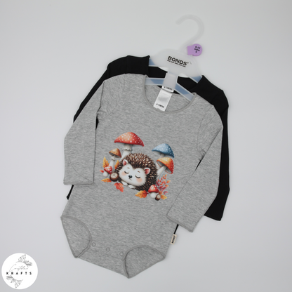 2pc Longsleeve Romper Set - Black & Grey - Sleepy Hedgehog