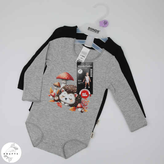2pc Longsleeve Romper Set - Black & Grey - Sleepy Hedgehog