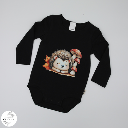 2pc Longsleeve Romper Set - Black & Grey - Sleepy Hedgehog