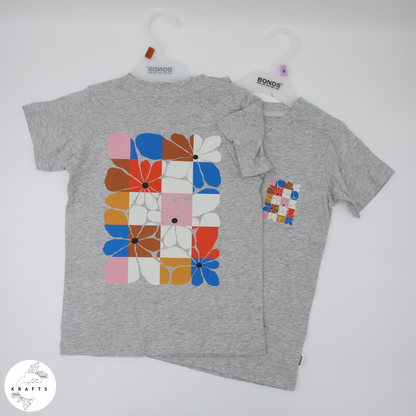 Girl's Crew Tee - Grey - Abstract Art - Checkerboard