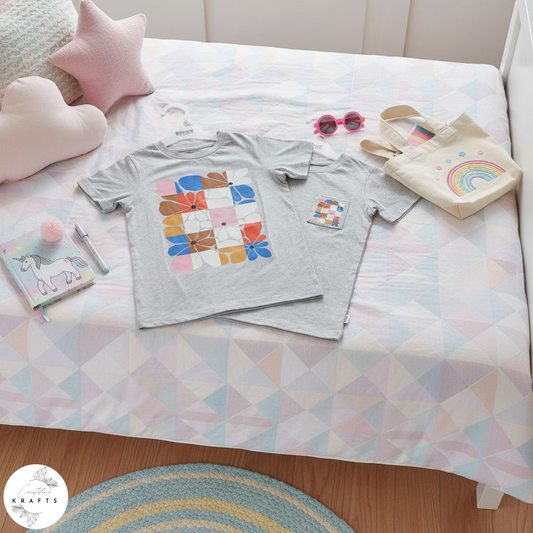Girl's Crew Tee - Grey - Abstract Art - Checkerboard