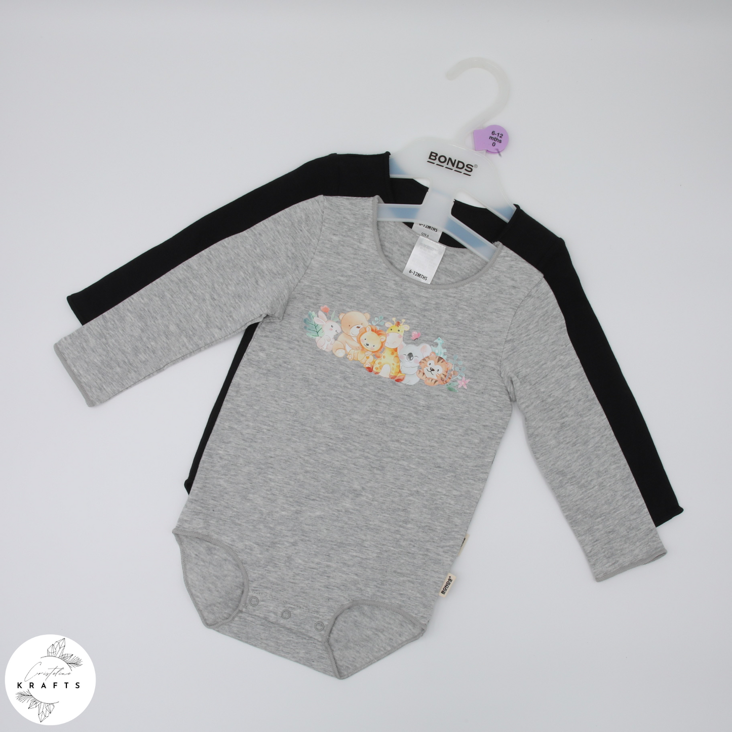 2pc Longsleeve Romper Set - Black & Grey - Animal Friends